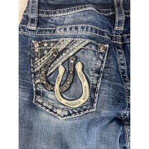 Miss Me Jeans Women Bootcut Embellished Horseshoe Pockets Blue Denim Size 27